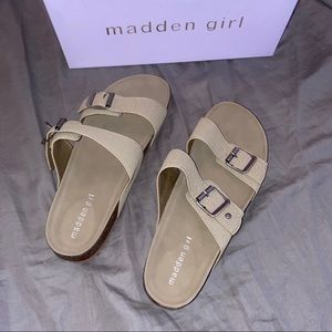Madden Girl Taupe Sandals (Birkenstock design)